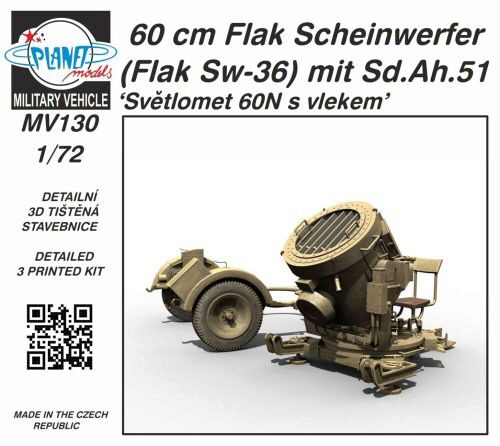 Planet Models MV130 60 cm Flak Scheinwerfer (Flak Sw-36) mit Sd.Ah.51 / Sv?tlomet 60N s vlekem 1/72