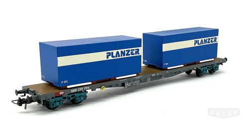 HAG 392 *SBB Wechselbrücken-Flachwagen  Sgss beladen mit 3 Planzer Container