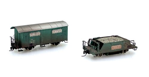 Lok 14 999 *RhB ged. Güterwagen + Schotterwagen grün, Spur Nm