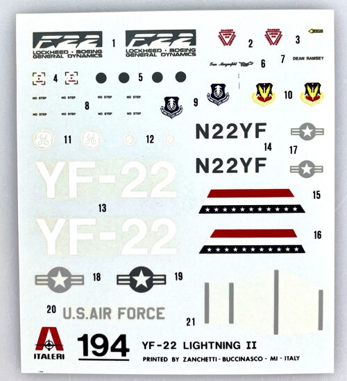 Italeri D194 *Decalbogen 1:72  Flugzeug Lockheed YF-22A Lightning II  7.5 x 9cm