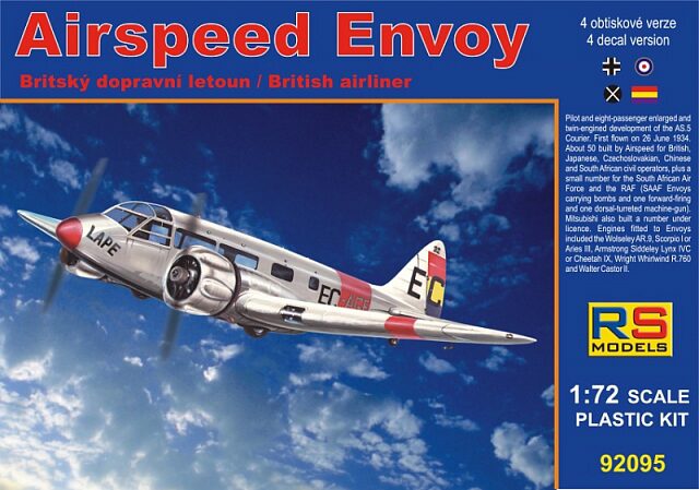 RS MODELS 92095 Airspeed Envoy, Cheetah engine (4 decal v. for Spain Rep.,France, South Africa) Photoetched Parts + Resin parts