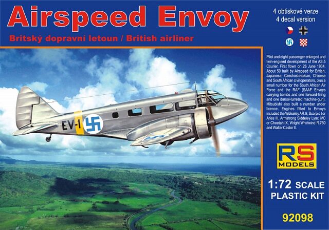 RS MODELS 92098 Airspeed Envoy, Castor engine (4 decal v. for Czechoslovakia, Luftwaffe, Croatia) Photoetched Parts + Resin parts