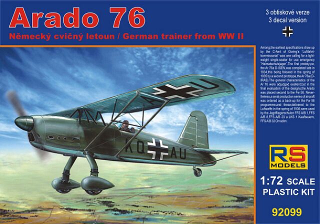 RS MODELS 92099 Arado 76 in A/B Schulen (3 decal v. for Luftwaffe) Photoetched Parts