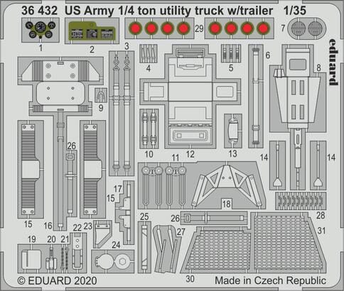Eduard Accessories 36432 US Army 1/4 ton utility truck w/ trailer for Takom