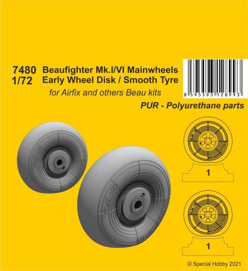 CMK 129-7480 Beufighter Mk.I/VI Mainwheels - Early Wheel Hub / Smooth Tyre