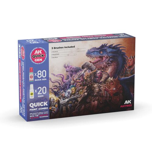AK Interactive AK17603 QUICK PAINT COMBO - 100 COLORS (80 QUICK GEN + 20 3GEN + 3 FREE BRUSHES + 1 MEDIUM 18ML)
