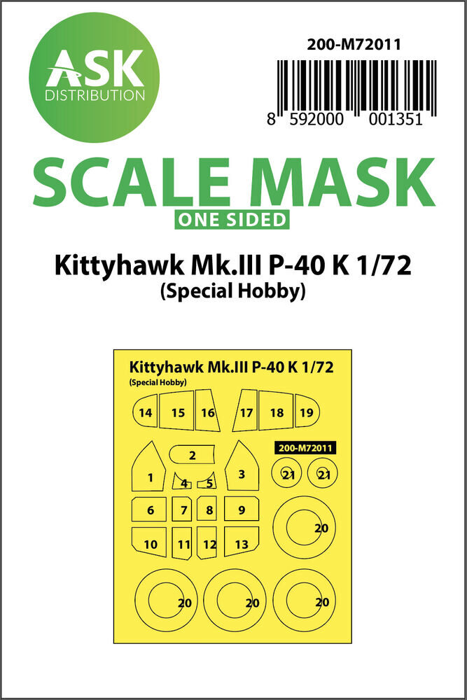 ASK 200-M72011 Kittyhawk Mk.III P-40 K one-sided painting mask for Special Hobby