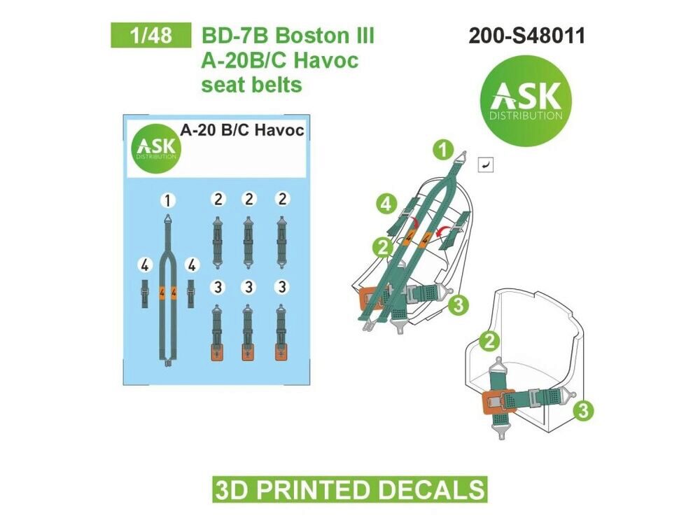 ASK 200-S48011 BD-7B Boston III / A-20B/C  Havoc seat belts - 3D printed decals by ASK