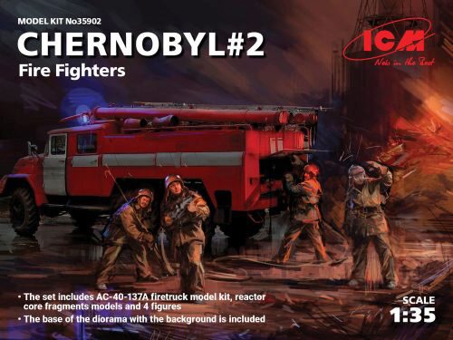 ICM 35902 Chernobyl2. Fire Fighters(AC-40-137A firetruck&4figur&diora base w.backgrou