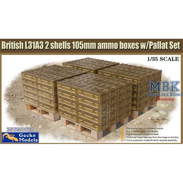 Gecko Models 35GM0020 British L31A3 2 shells 105mm ammo boxes & Pallet