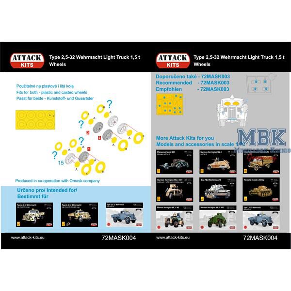 ATTACK ATT72Mask004 Lackierschablone Type 2,5-32 WH Lgt.tr.1,5t Wheels
