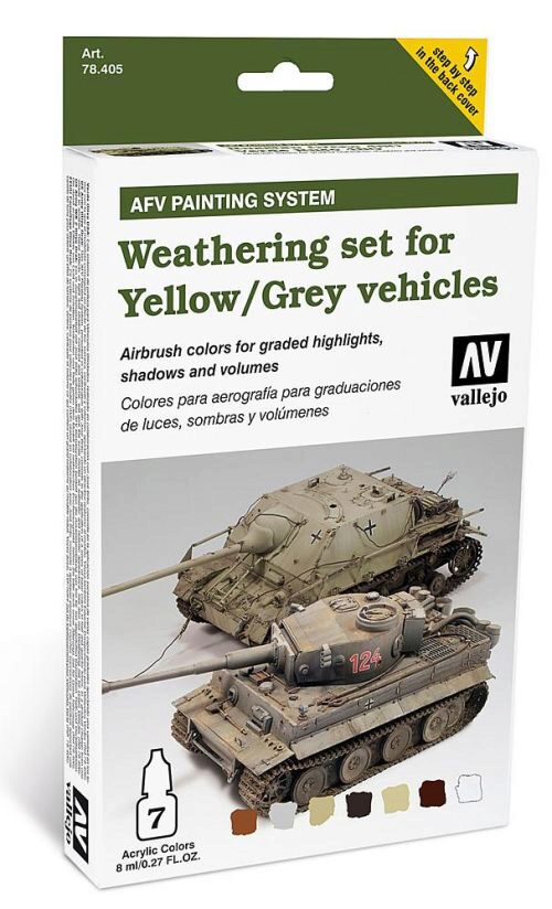 Vallejo 78405 Farb-Set, Alterungs-Set für gelbe/graue Fahrzeuge, 7 x 8 ml